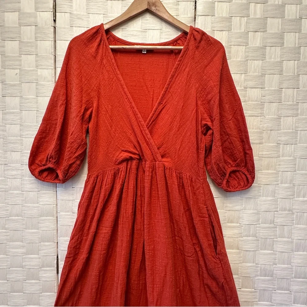 Madewell Burnt Orange Surplice V-Neck Pintuck Midi Dress XS Pockets - Picture 4 of 11